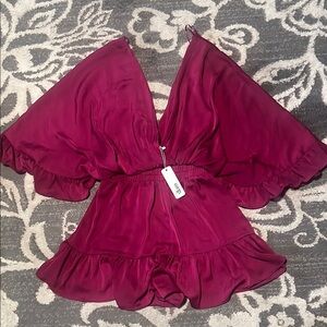 Glam Red Ruffled romper with Flutter Sleeves